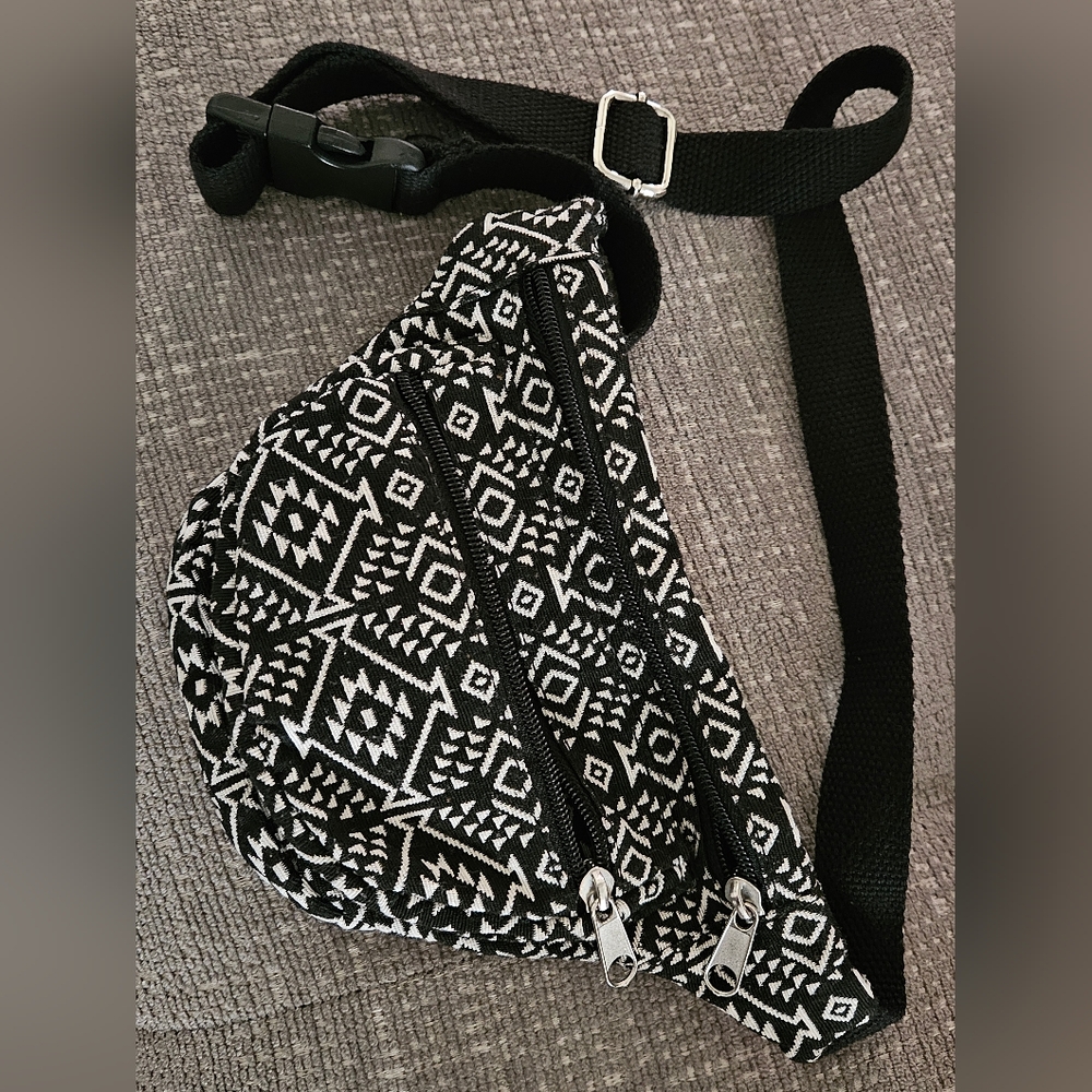 small black and white belt bag fanny pack